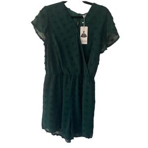 Large Dark Green Romper  Swiss Dot Sheer Overlay Short‎ Sleeve Green NWT Nice